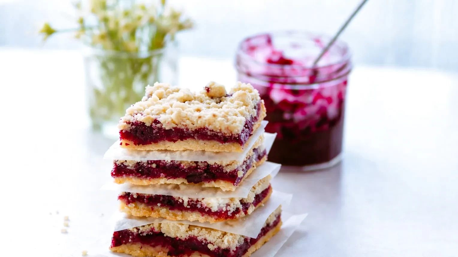 Blueberry crumb bars with homemade jam stacked on a white surface with a jar of berry jam in the background